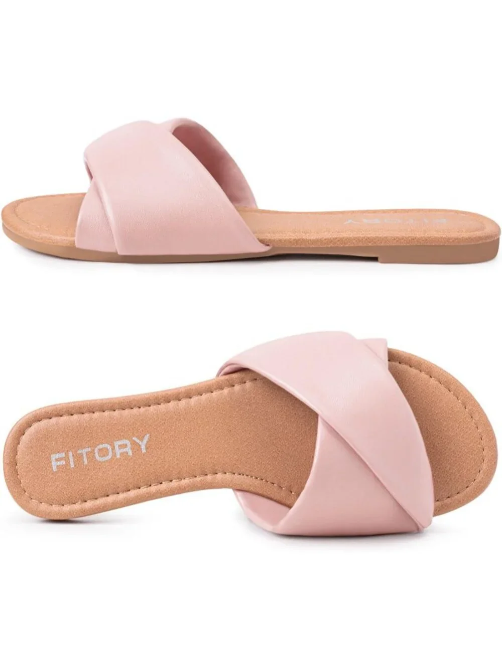 Women's Pink Flat Sandals Fashion Slides With Soft Leather Slippers Casual